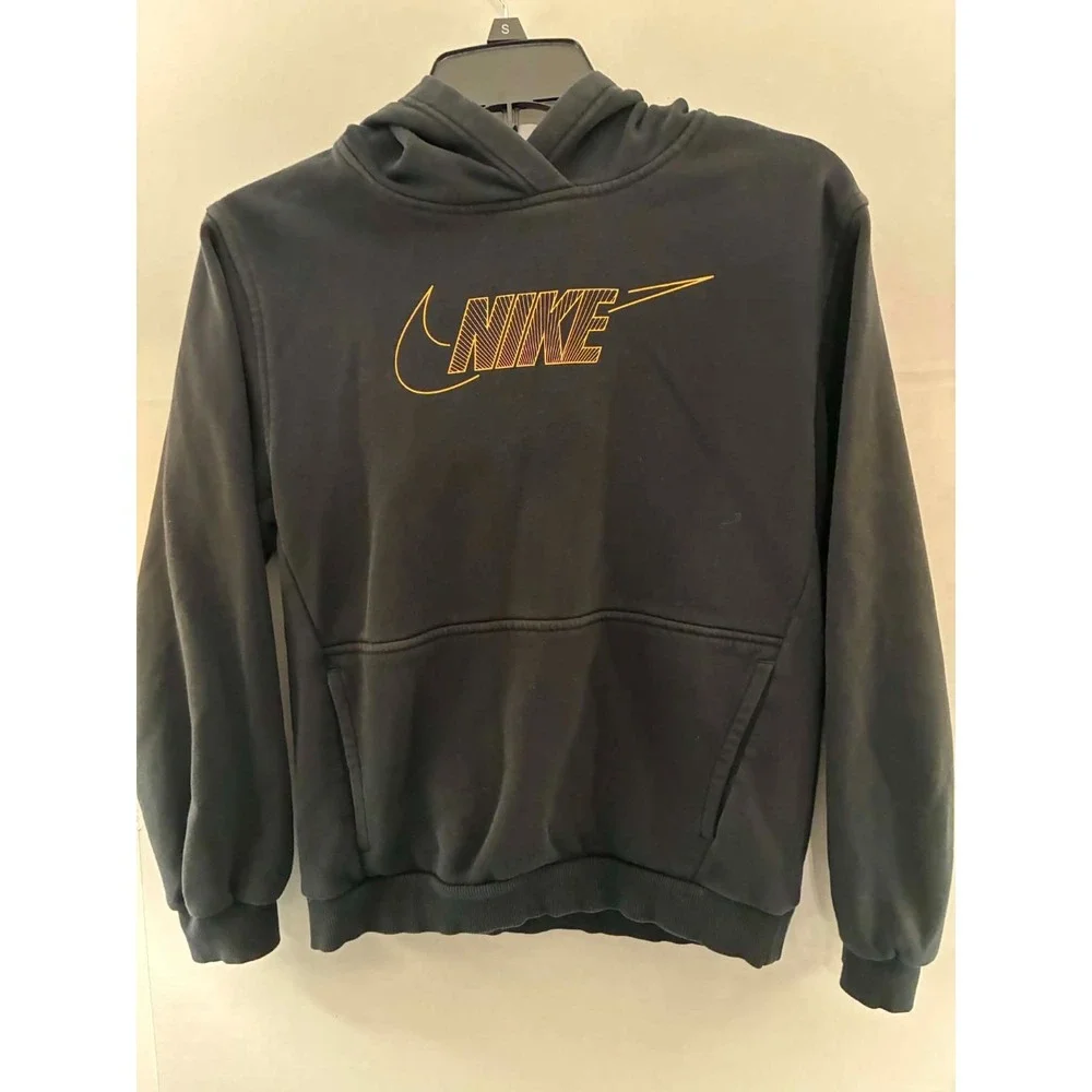 Nike Womens Large Black Pullover Hoodie Gold Swoosh Logo Fleece Lined Athletic